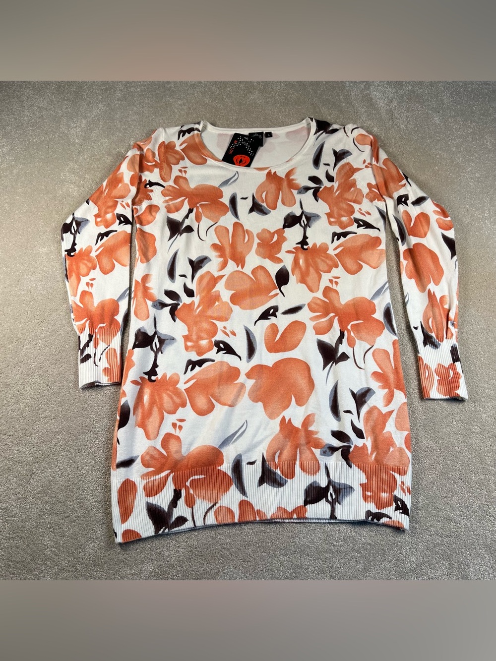 Floral Sweater Long Length NWT Long Sleeve Peach Cream Casual Women's Large